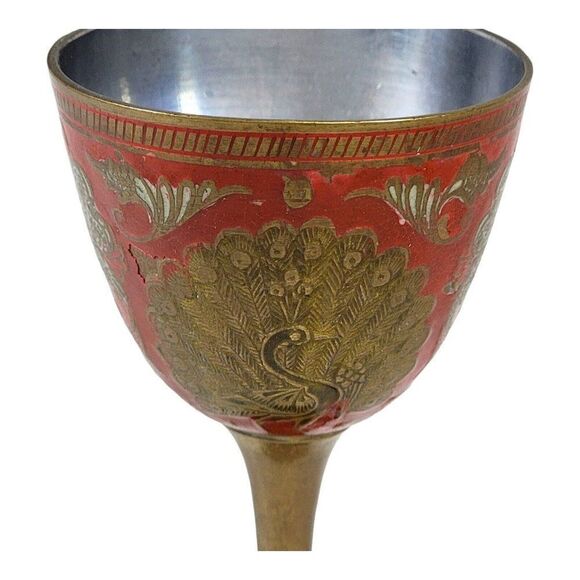 Vintage Enamel Hand Painted Etched Brass Cloisonne Peacock Wine Goblet India Red - Picture 3 of 8